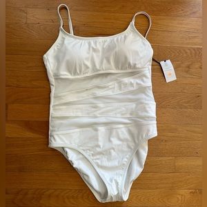 White one piece bathing suit with mesh panel front